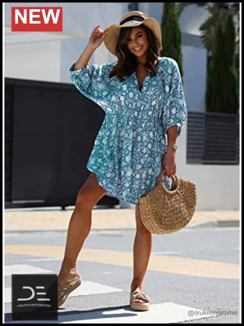 V Neck Half Sleeve Bohemian Floral Mini Tunic Dress